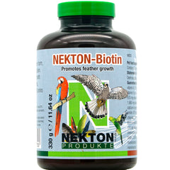 Nekton Biotin bottle with label, promoting strong plumage growth during molt.