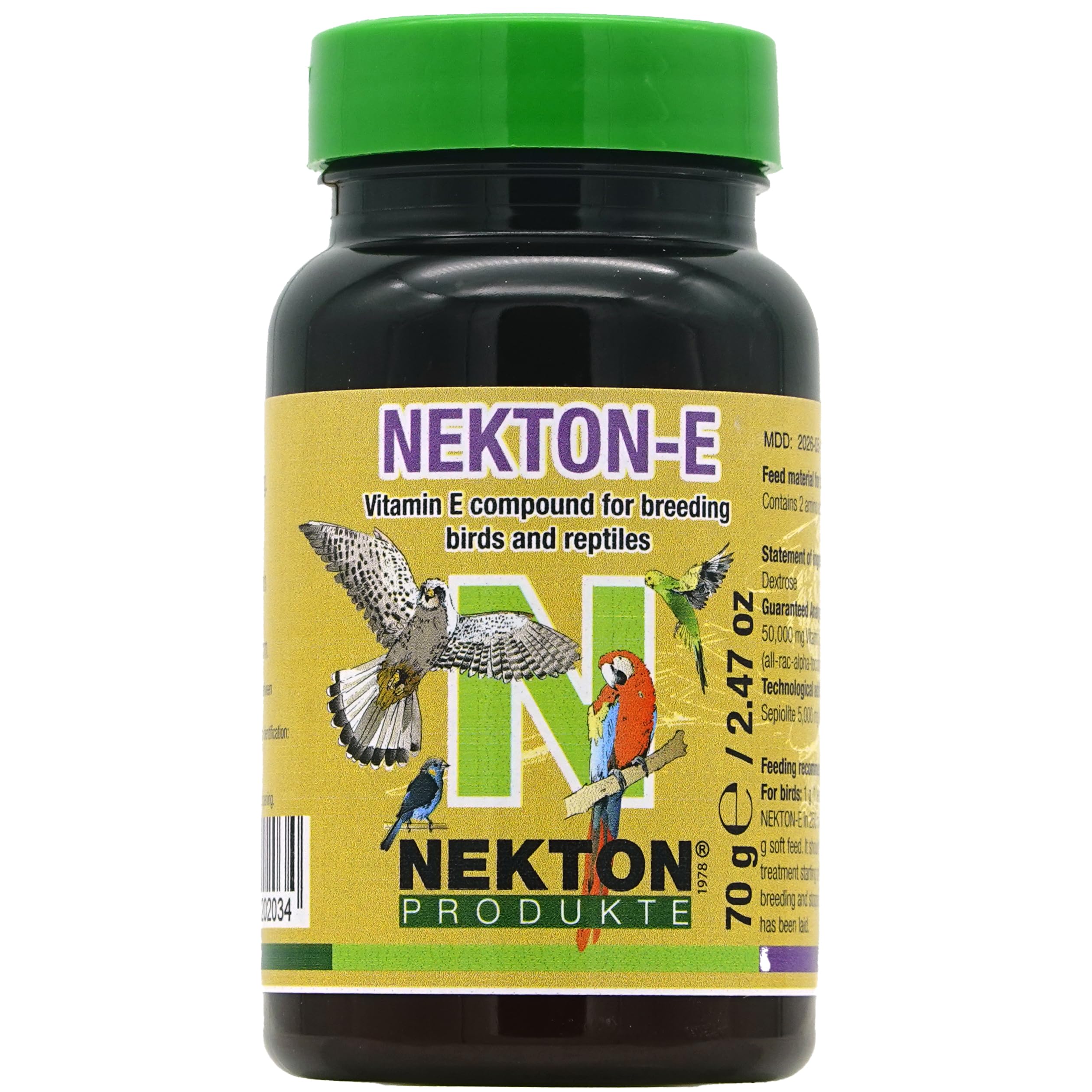 Nekton E Vitamin E bird supplement packaging shows compact 70g size for easy storage.