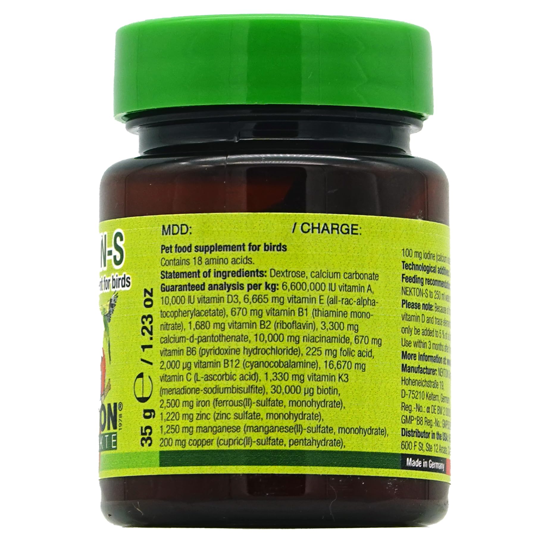 Nekton-S label closeup highlights 13 vitamins and 18 amino acids for healthy diet.