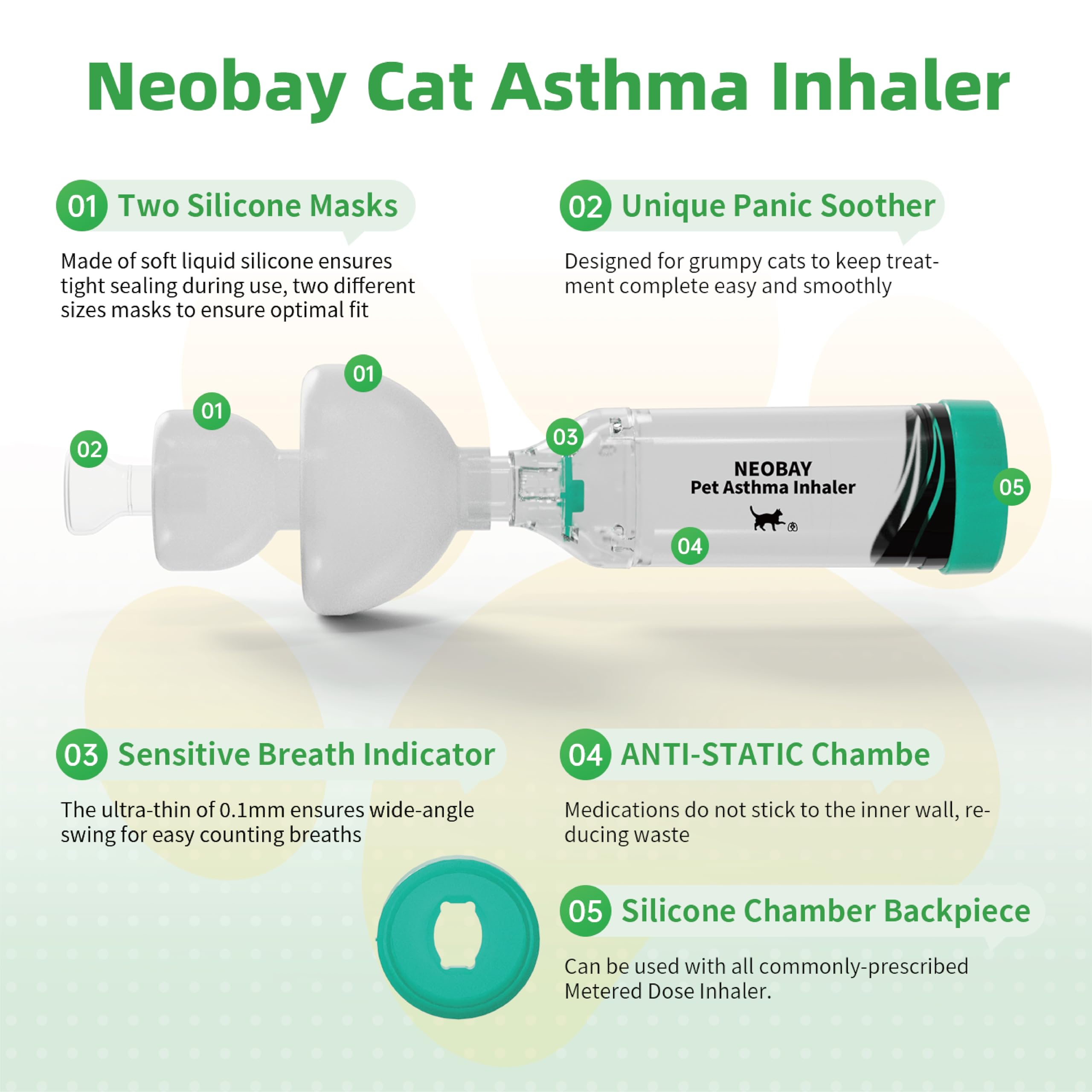 Neobay Cat Inhaler Spacer anti-static medical-grade chamber prevents sticking