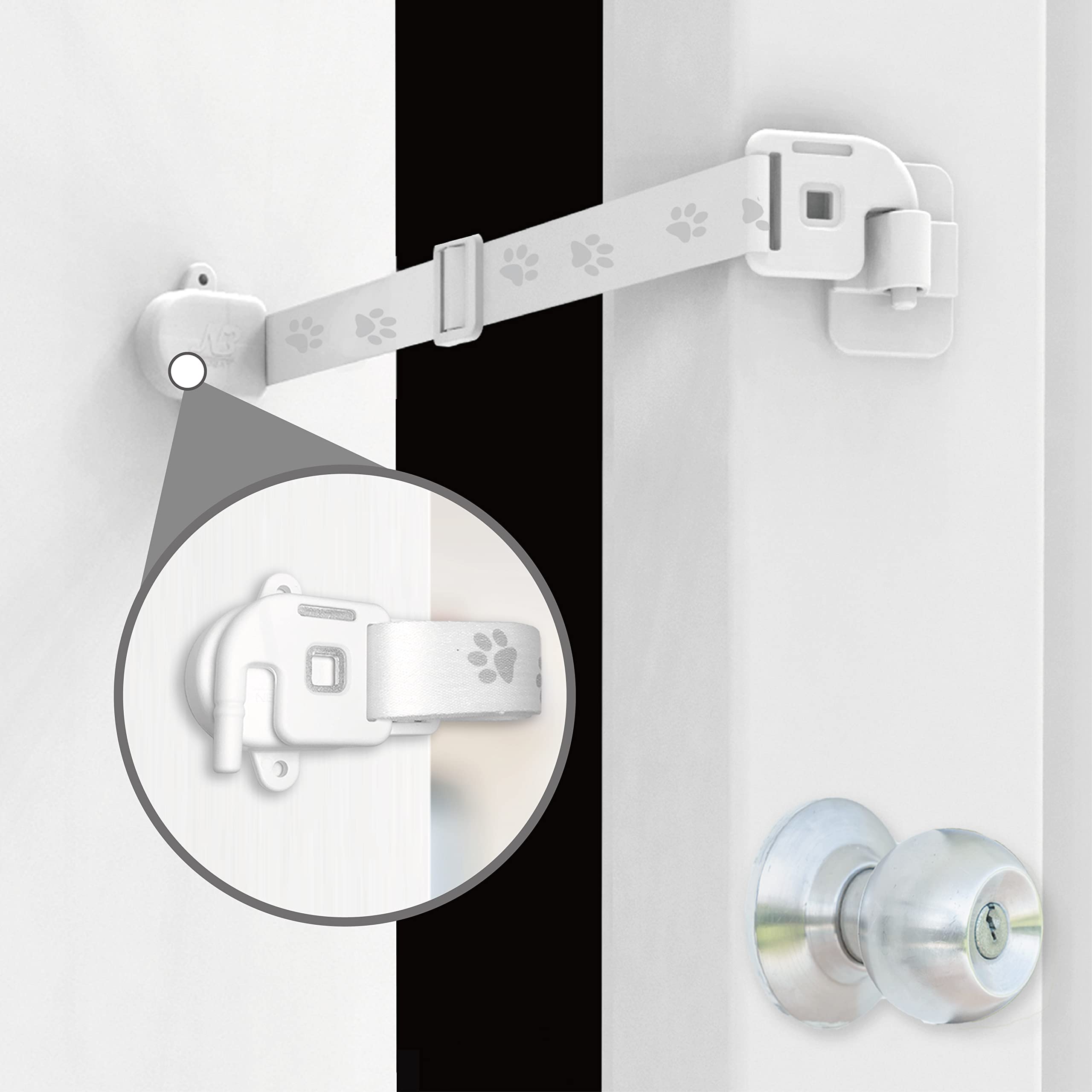 Neobay door strap latch installed on door for easy cat access and dog-proofing.