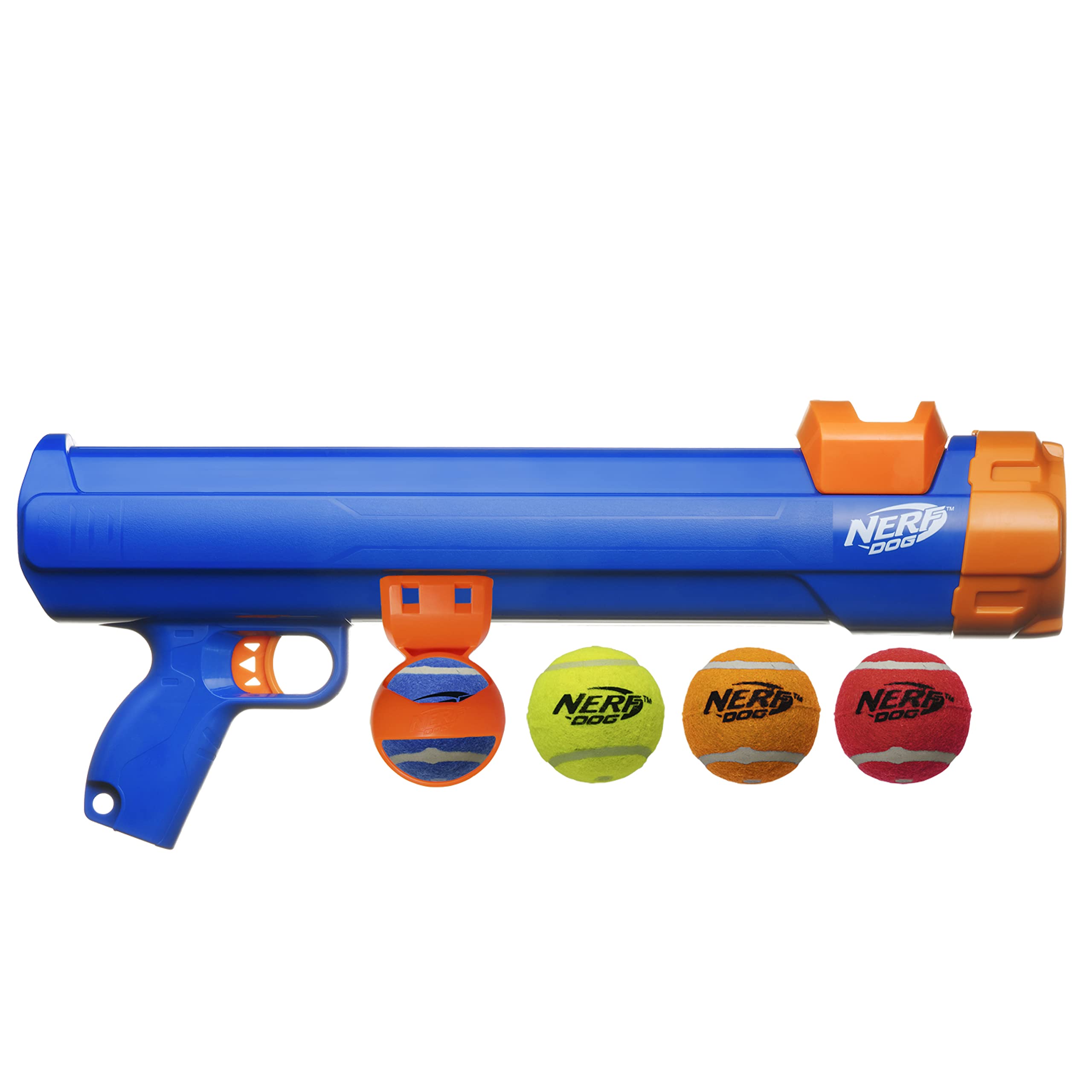 Nerf Dog Tennis Ball Blaster loading demonstrates easy hands-free setup.