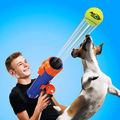 Nerf Dog Tennis Ball Blaster shot captures high-powered launch for long-distance fetch.