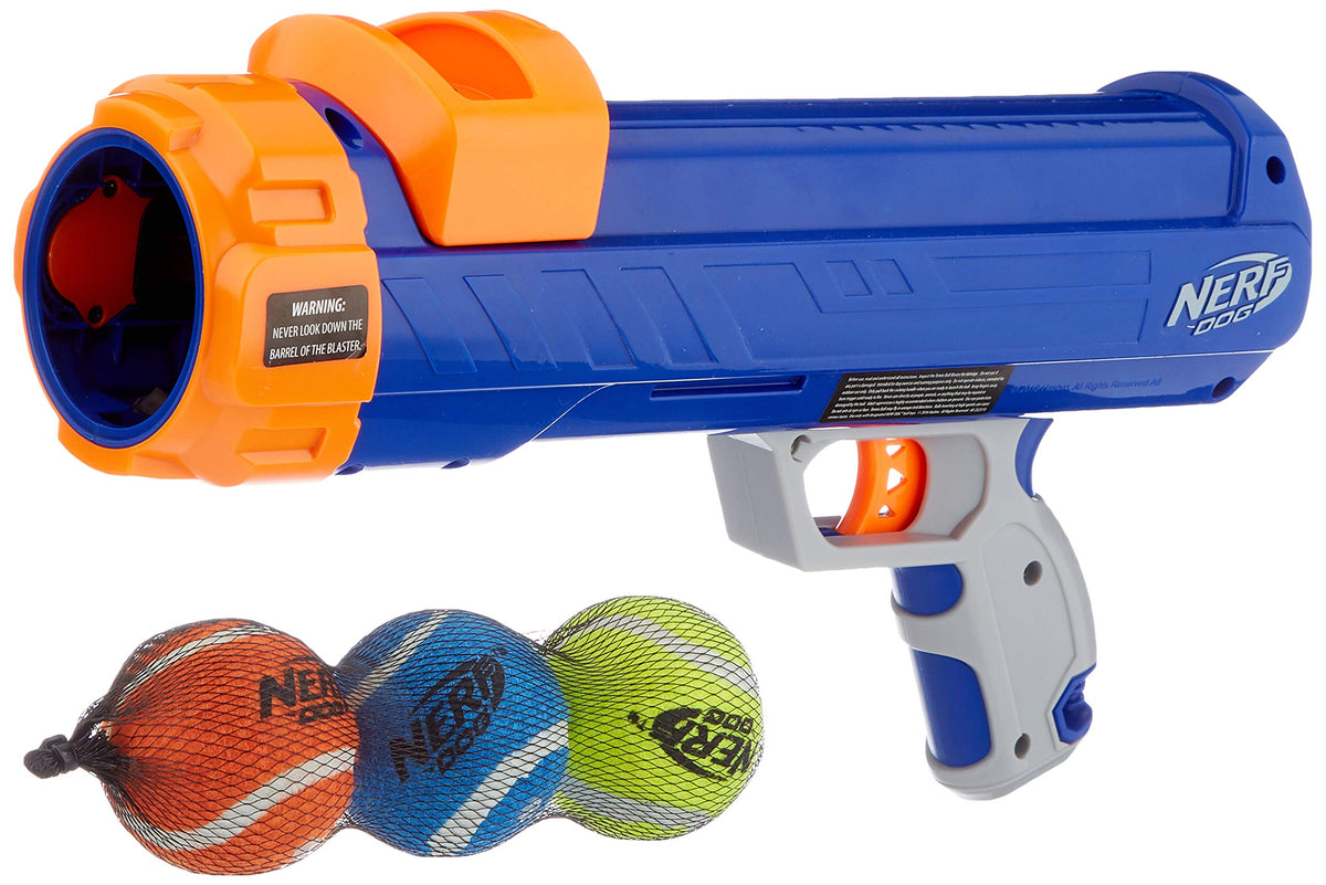 Nerf Dog Tennis Ball Blaster setup for small dogs in the yard.