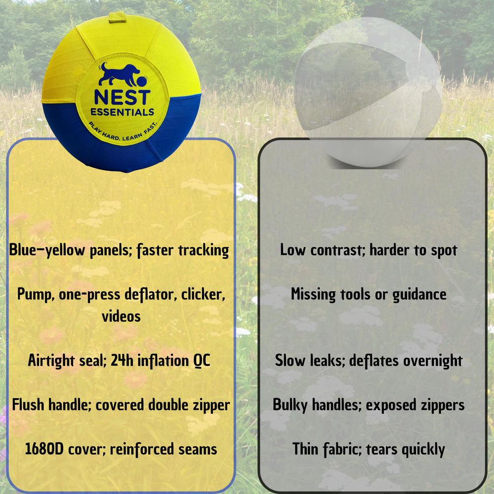 Nest Essentials Herding Ball includes pump and training guide for quick setup.