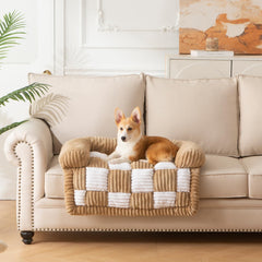 NestlyMoly dog bed for couch with bolster on a sofa provides orthopedic support.