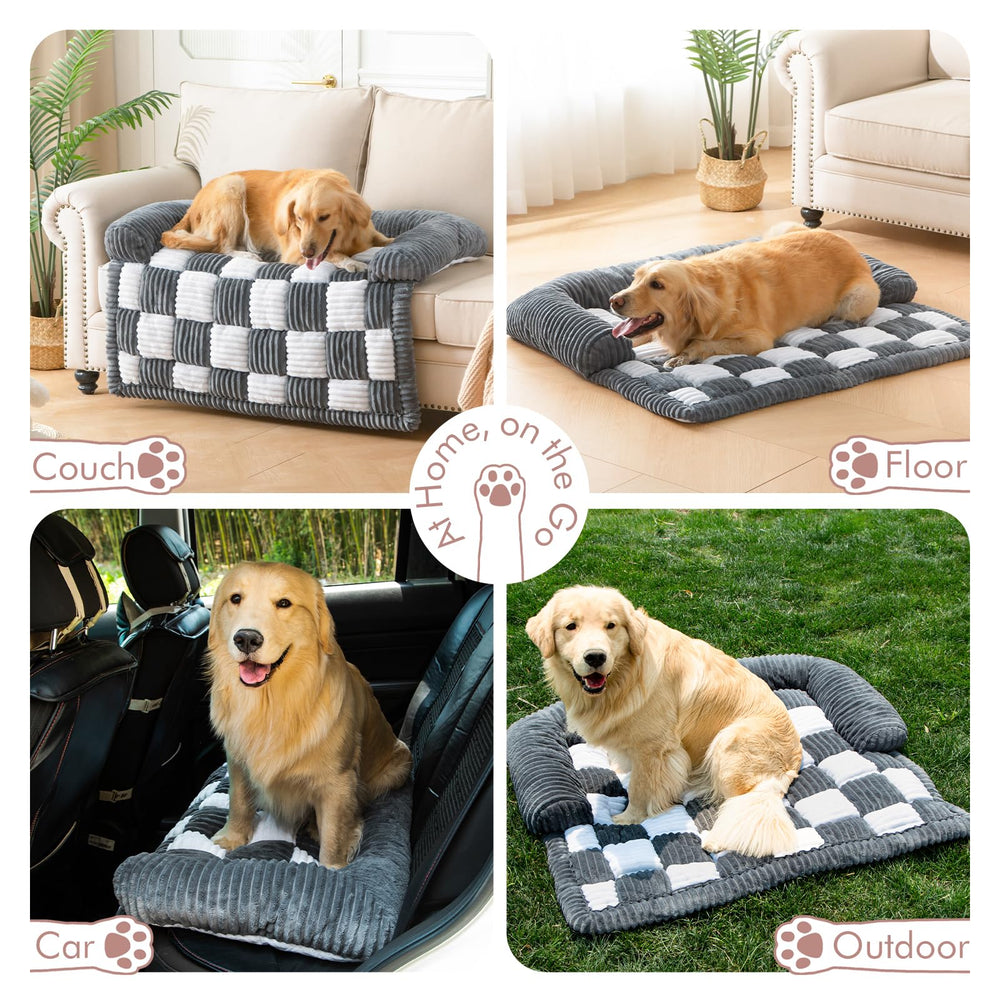 NestlyMoly dog bed non-slip bottom on leather couch for stability.