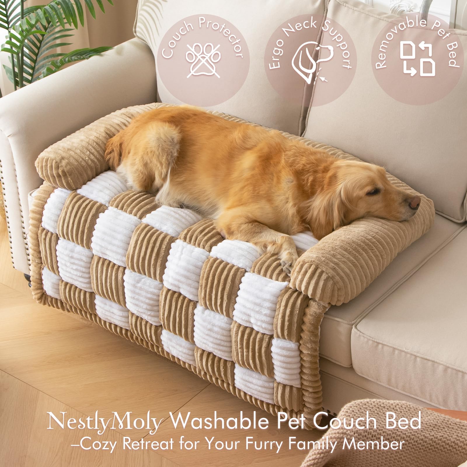 NestlyMoly dog bed with non-slip bottom stays stable on leather furniture.