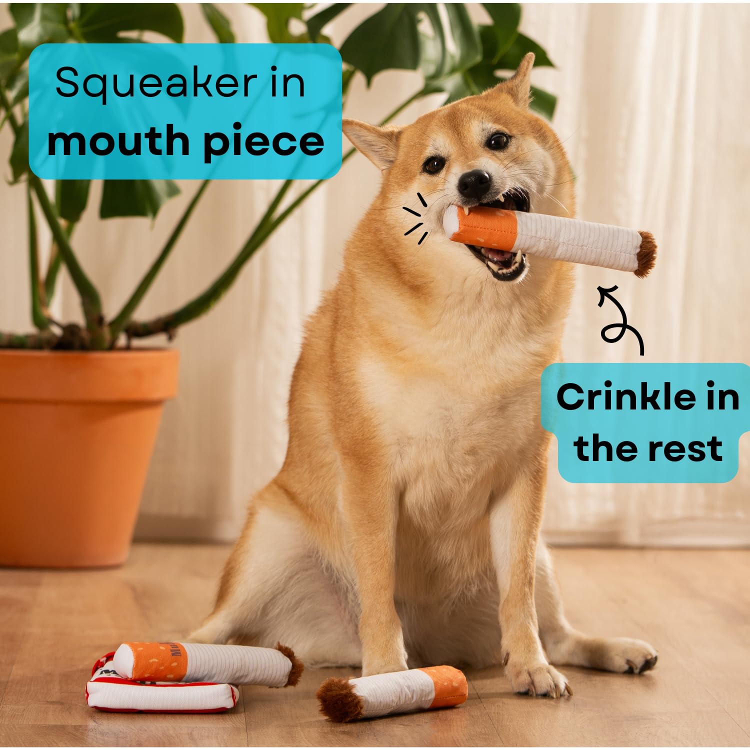 Nestpark Muttboro squeaky crinkle details for multi-sensory dog entertainment.