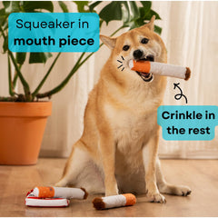 Nestpark Muttboro squeaky crinkle details for multi-sensory dog entertainment.