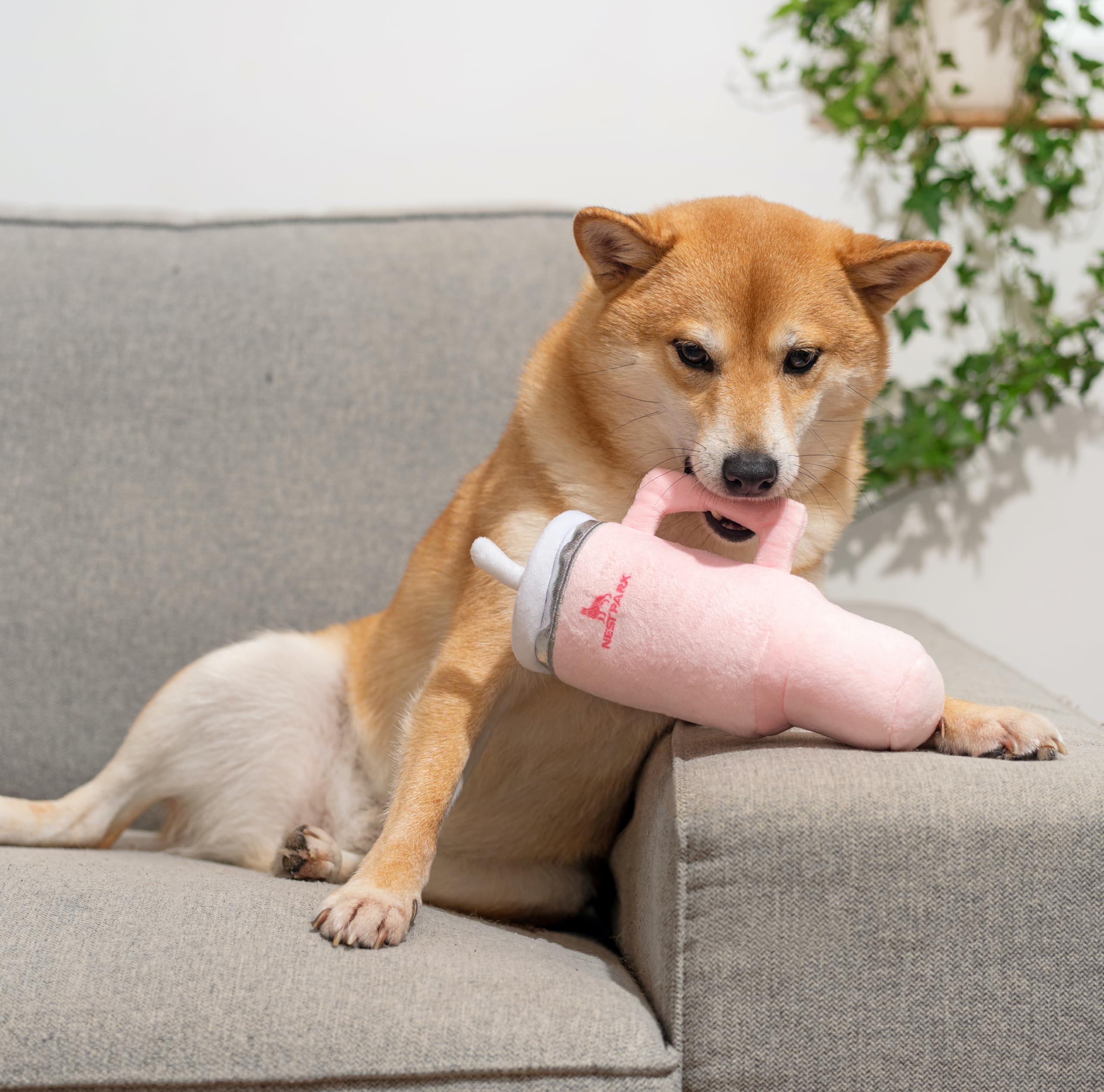 Nestpark parody plush squeaky dog toy pink dusk in action encouraging playful bonding