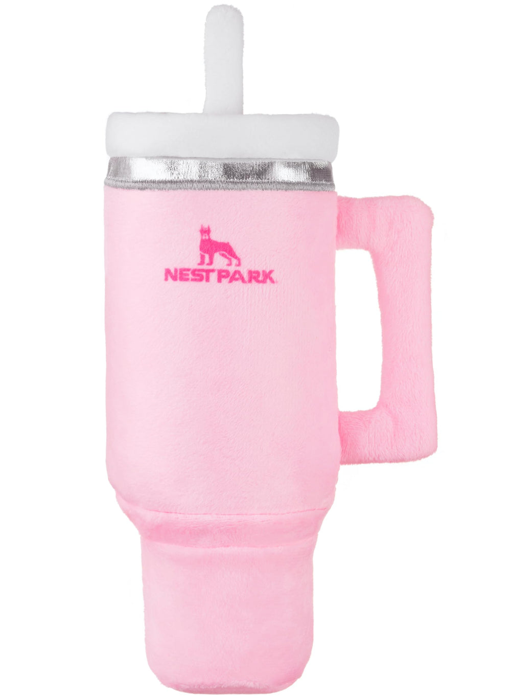Nestpark Tumbler Cup Funny Dog Toy pink dusk closeup highlights durable plush and crinkle squeak