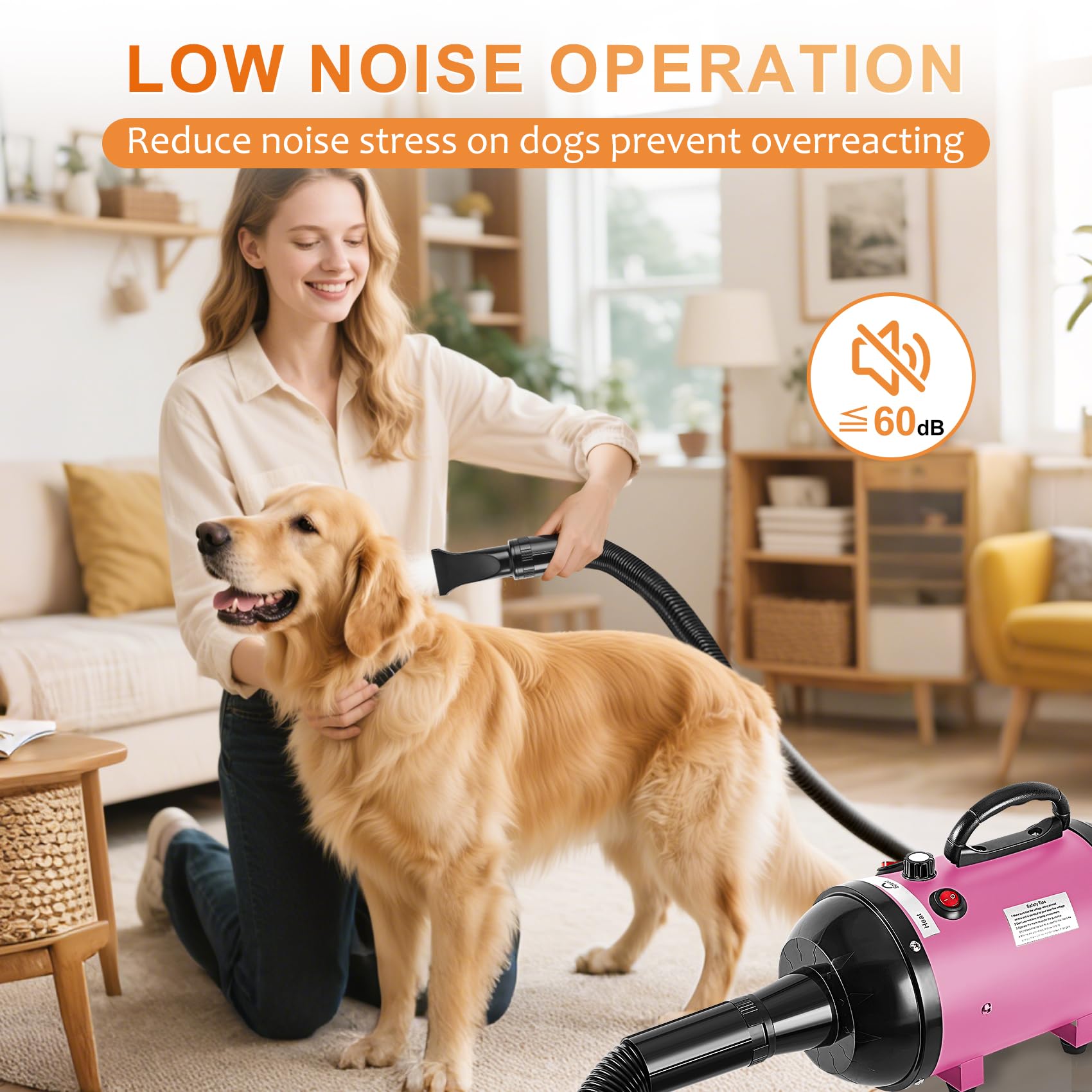 NESTROAD pink dryer with flexible hose enables unrestricted movement during grooming