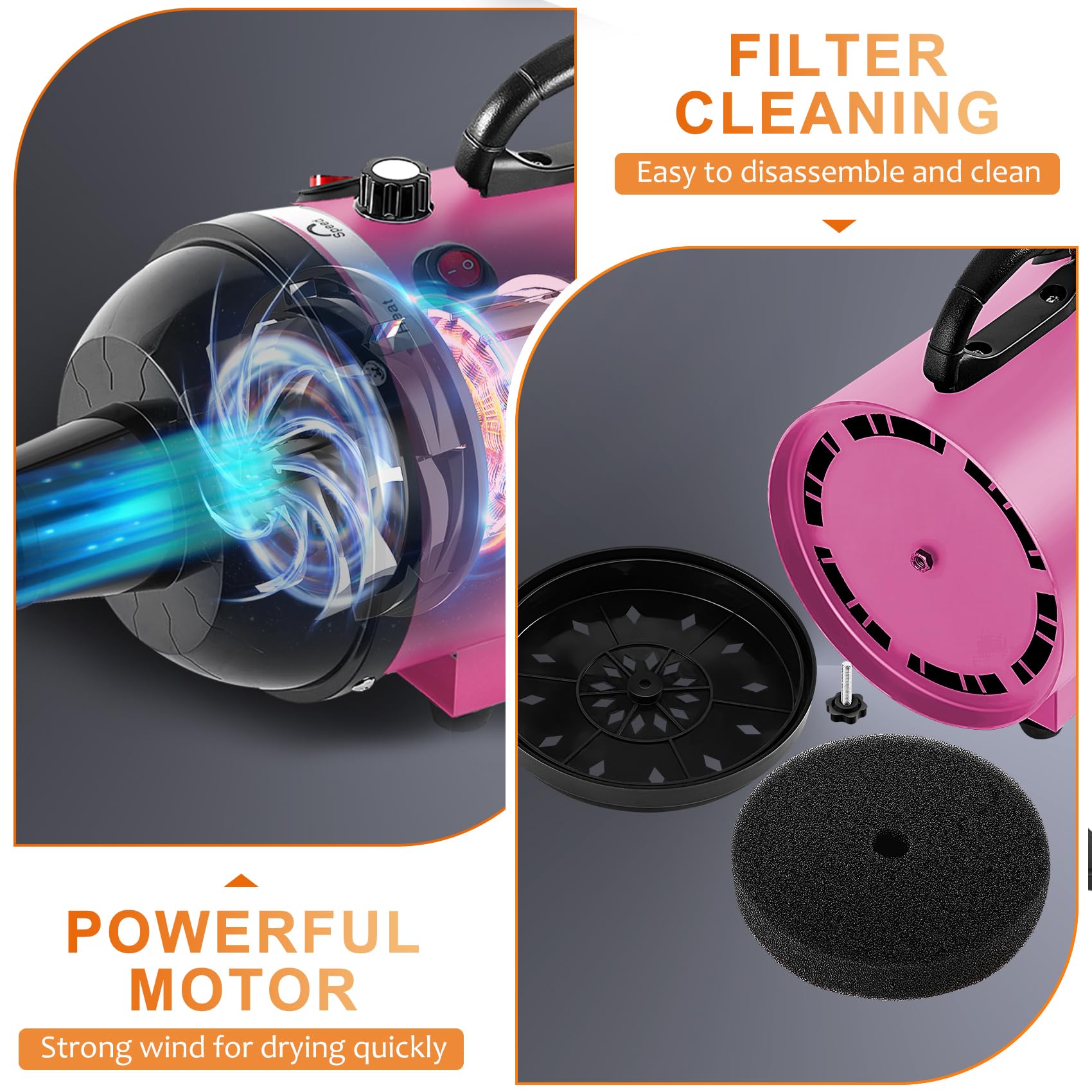 NESTROAD pink stepless speed control highlights adjustable airflow for pet comfort