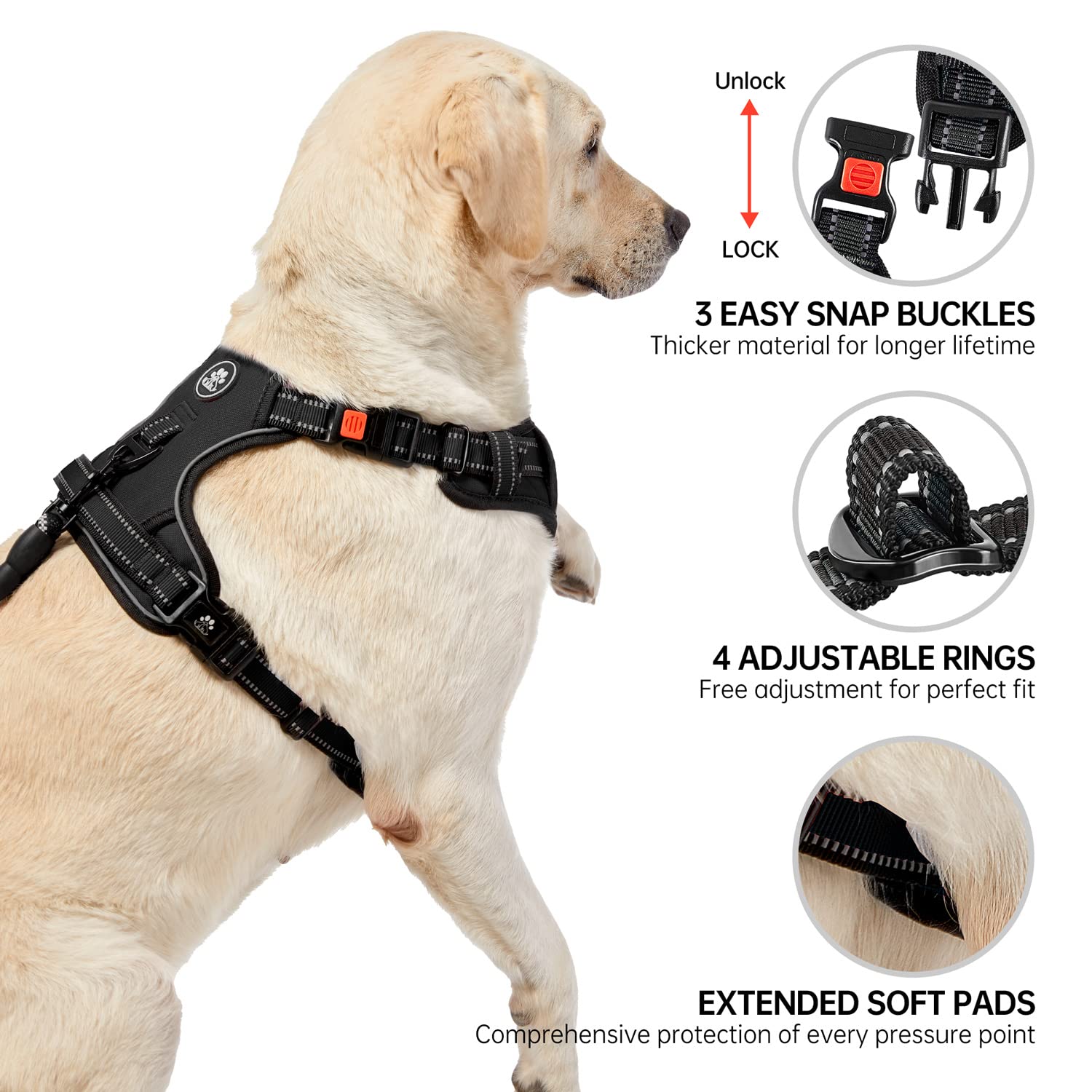 NESTROAD No Pull Harness reflective-strip enhances night safety and visibility.