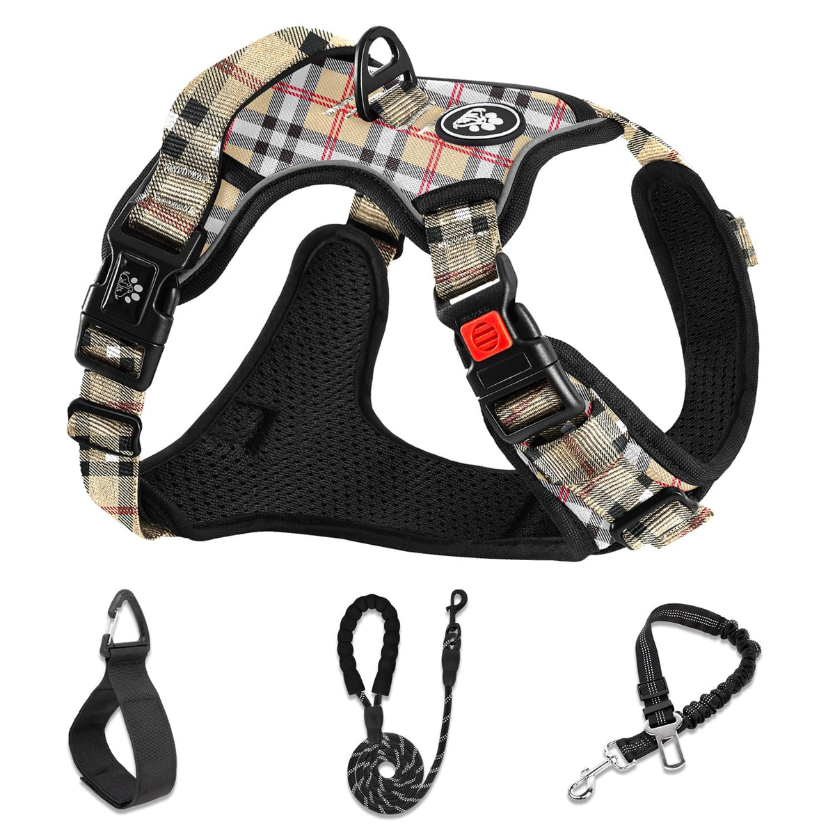 NESTROAD No Pull Harness in checkered beige large for easy on-side wearing and comfortable fit.