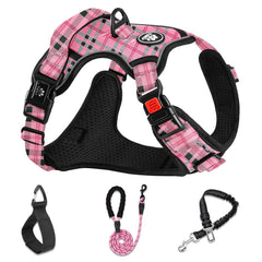 NestROAD no pull harness checkered pink front view for easy on/off and secure control.