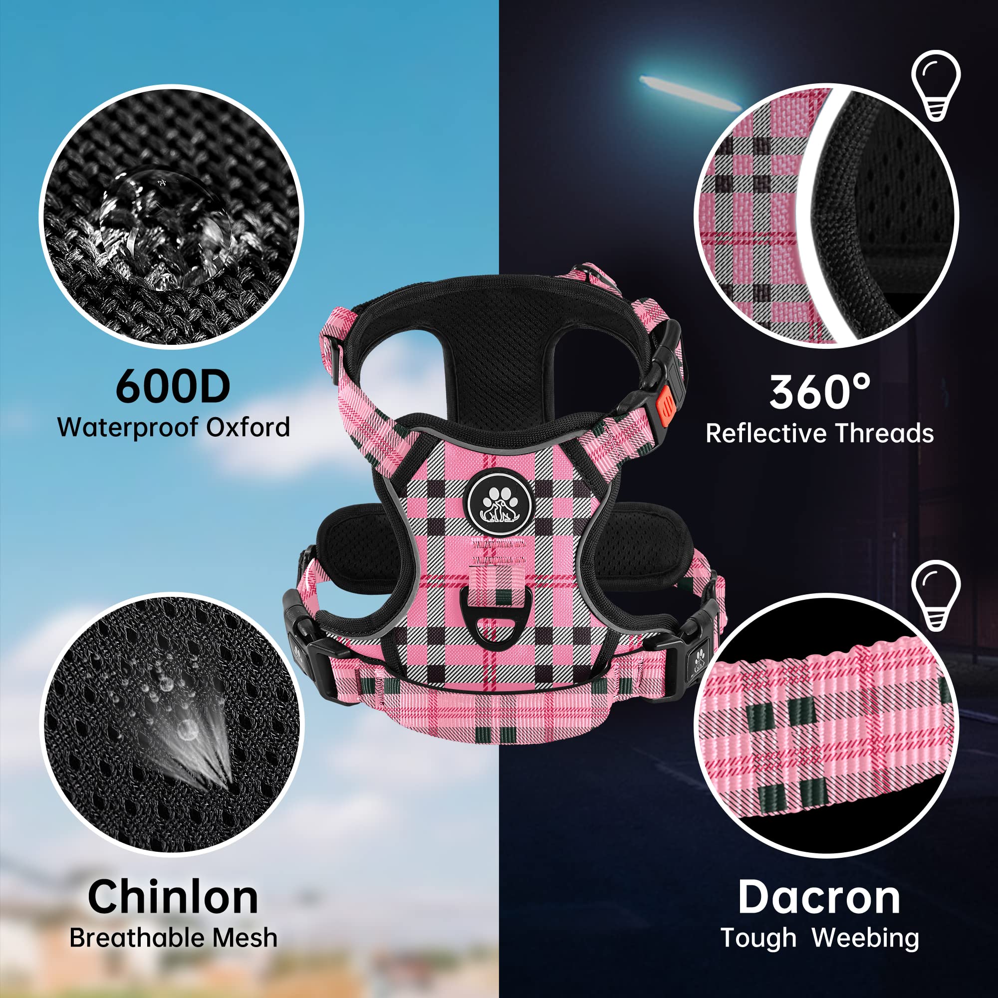 NestROAD no pull harness checkered pink side view showing soft padding and breathable mesh comfort.