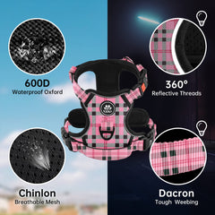 NestROAD no pull harness checkered pink side view showing soft padding and breathable mesh comfort.