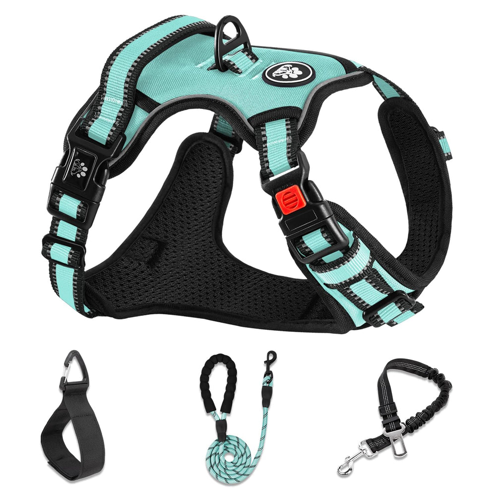 NestROAD no-pull harness shown being dressed from the side for quick, stress-free fitting.
