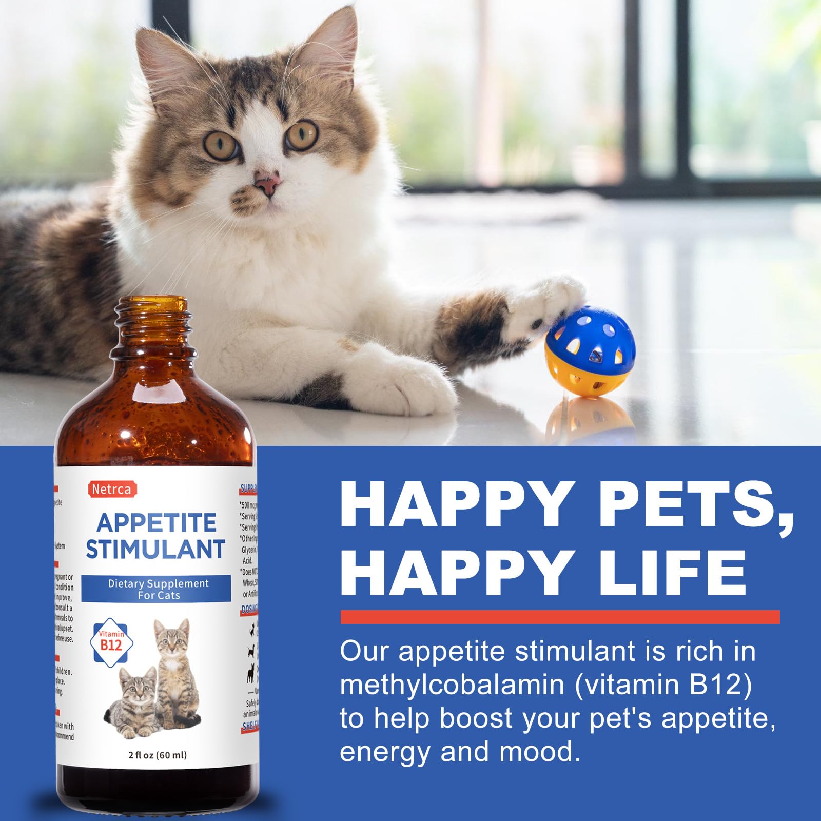 Netrca methylcobalamin liquid bottle aids nervous system support and vitality in cats.