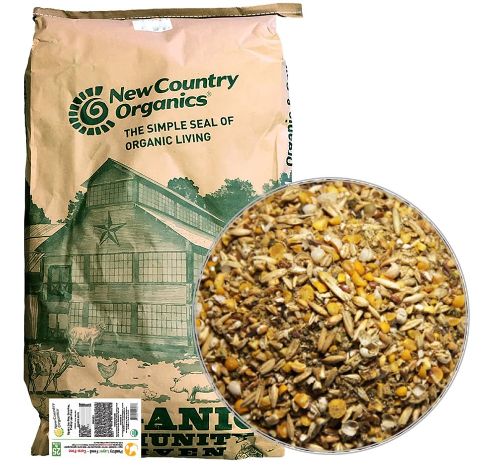 New Country Organics corn free layer chicken feed 25lb bag supports balanced nutrition for laying hens.