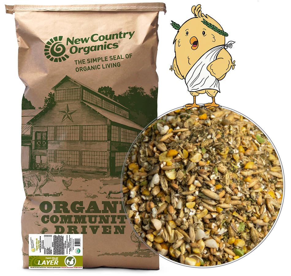 New Country Organics olive-oil-layer-feed-bag supports omega-3 enriched eggs.