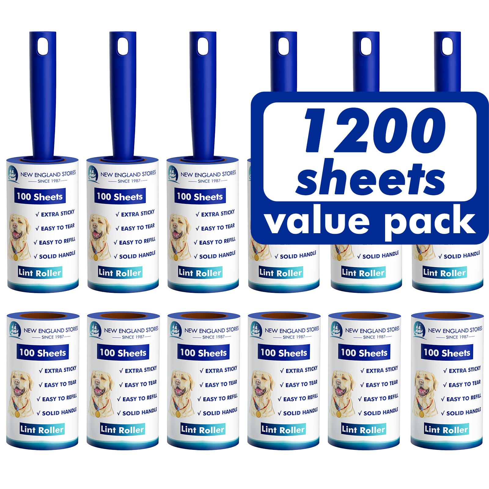 New England Stories lint roller 1200 sheets pack for quick pet hair removal on fabrics