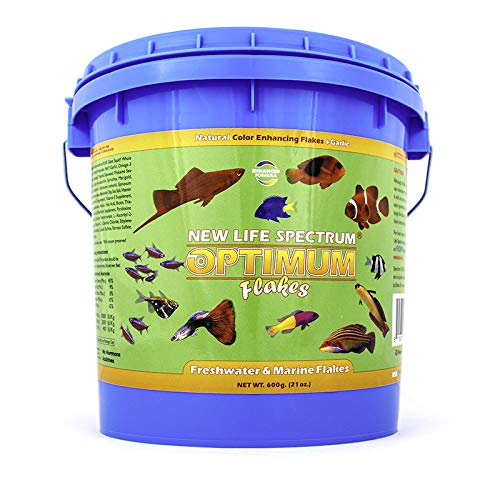 New Life Spectrum Optimum Flakes Naturox jar highlights floating formula for versatile freshwater and marine feeding.