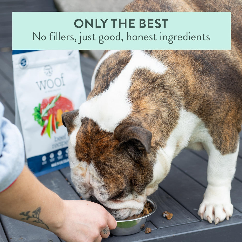 The New Zealand Natural Pet Food Co WOOF beef bites ingredients-label — gluten-free and GMO-free dog treats
