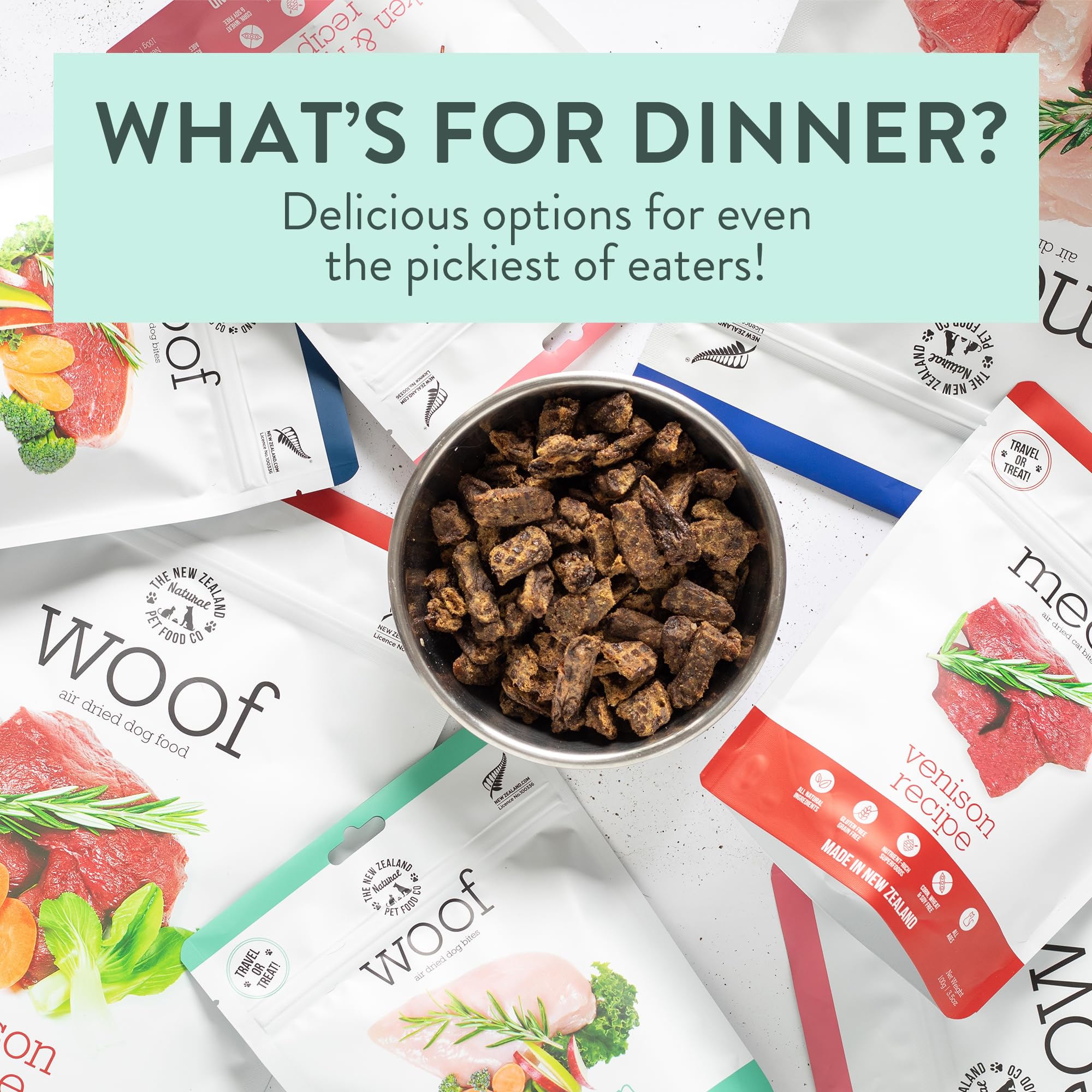 The New Zealand Natural Pet Food Co WOOF beef bites serving-ideas — topper, mixer, or tasty training snack