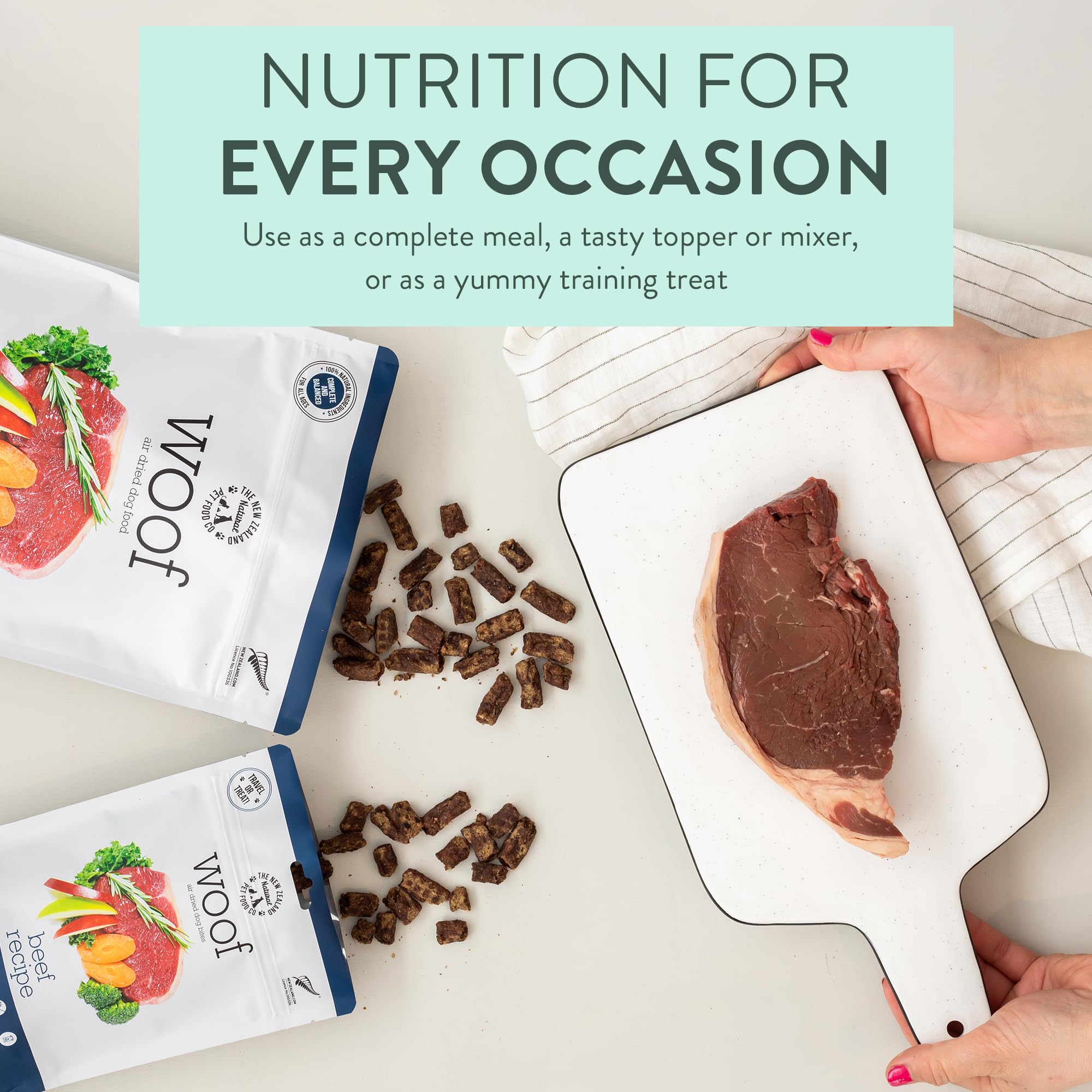 The New Zealand Natural Pet Food Co WOOF beef bites training-treat — quick rewards for positive reinforcement