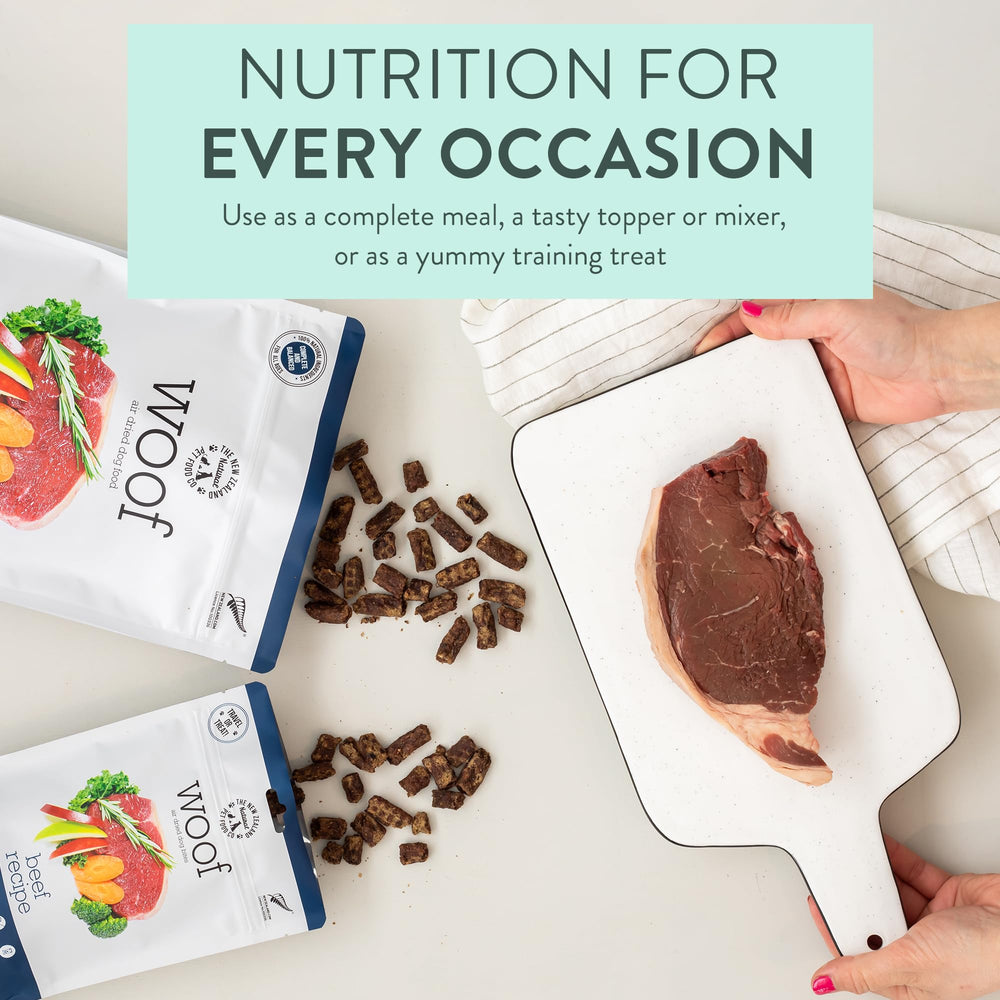 The New Zealand Natural Pet Food Co WOOF beef bites training-treat — quick rewards for positive reinforcement