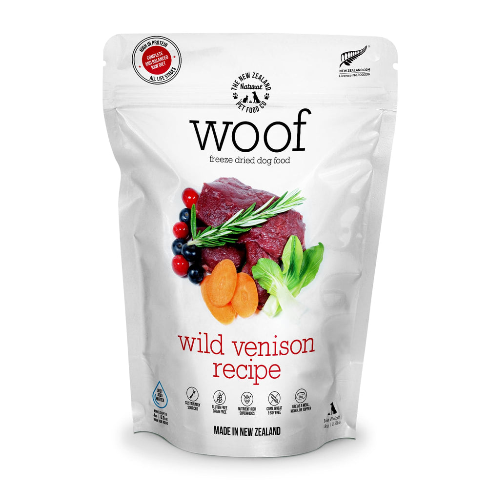 The New Zealand Natural Pet Food Co Woof freeze-dried wild venison bag showcases high-protein nutrition.