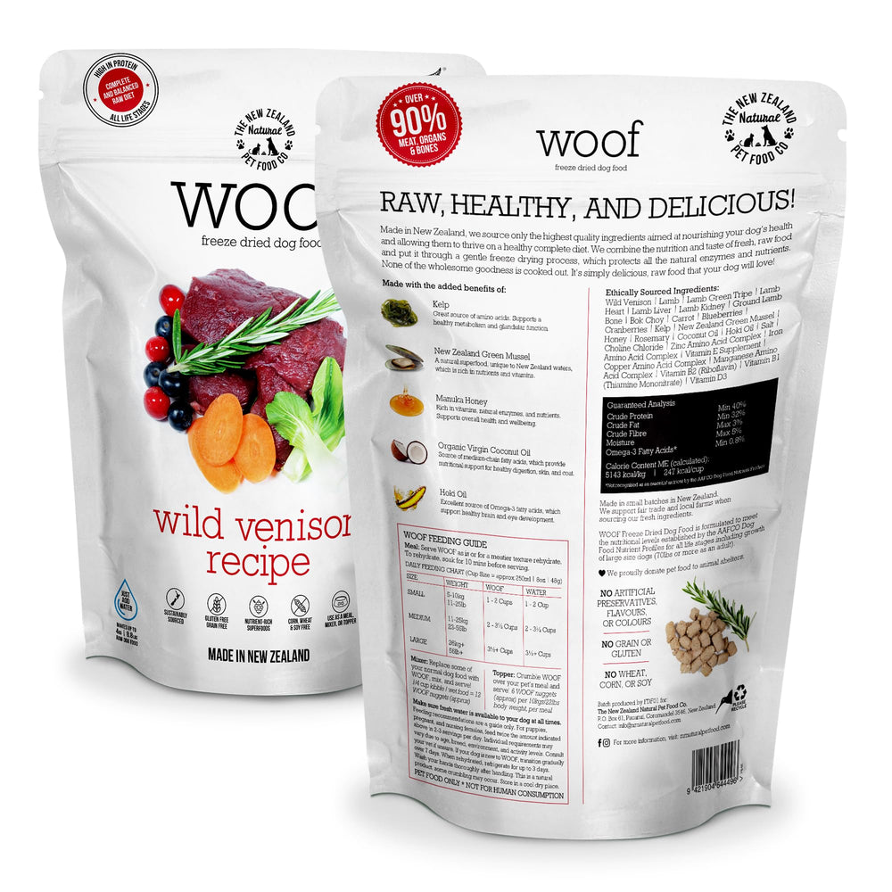 The New Zealand Natural Pet Food Co Woof freeze-dried venison bowl ready for complete meals.