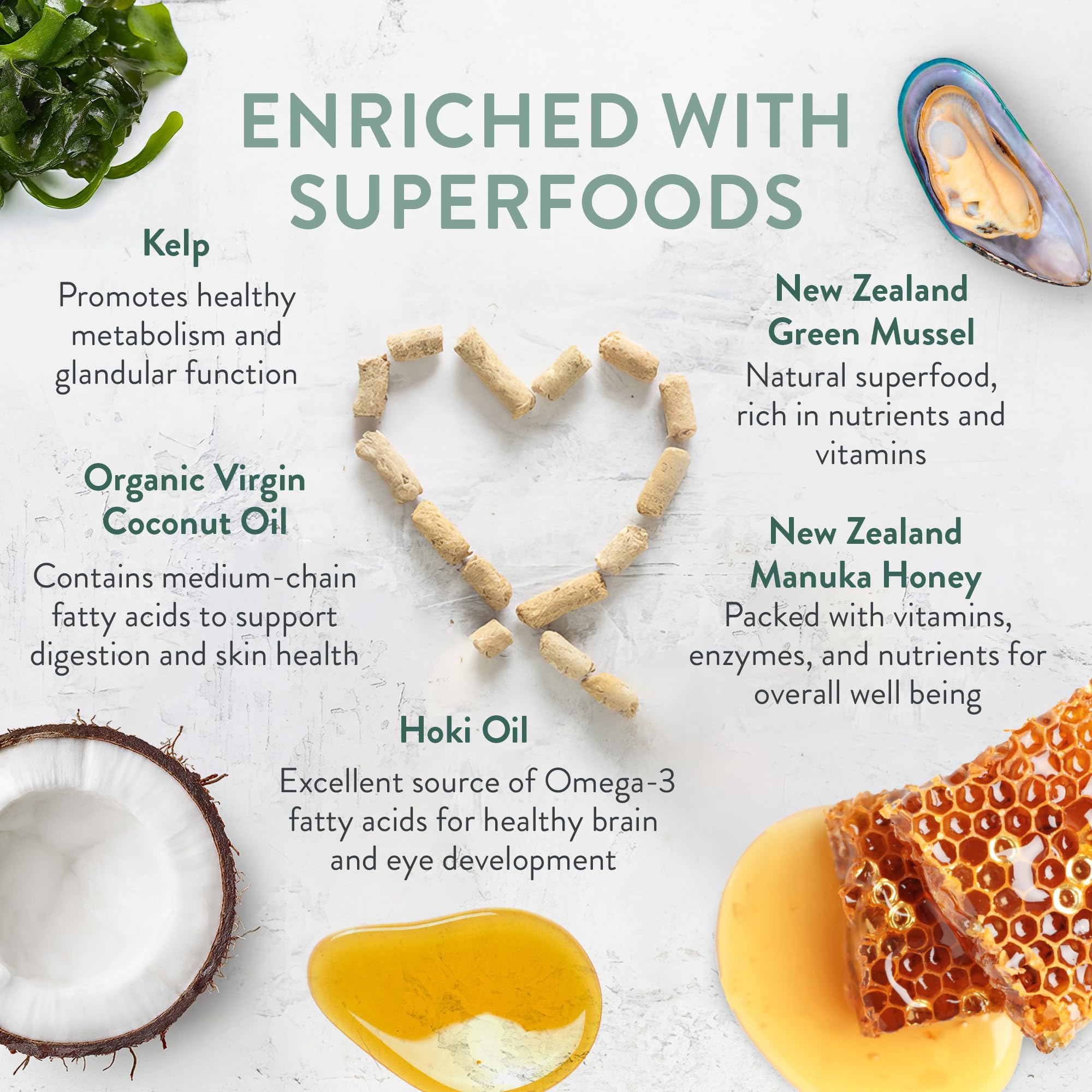 The New Zealand Natural Pet Food Co Woof hoki oil and coconut oil support skin and coat.
