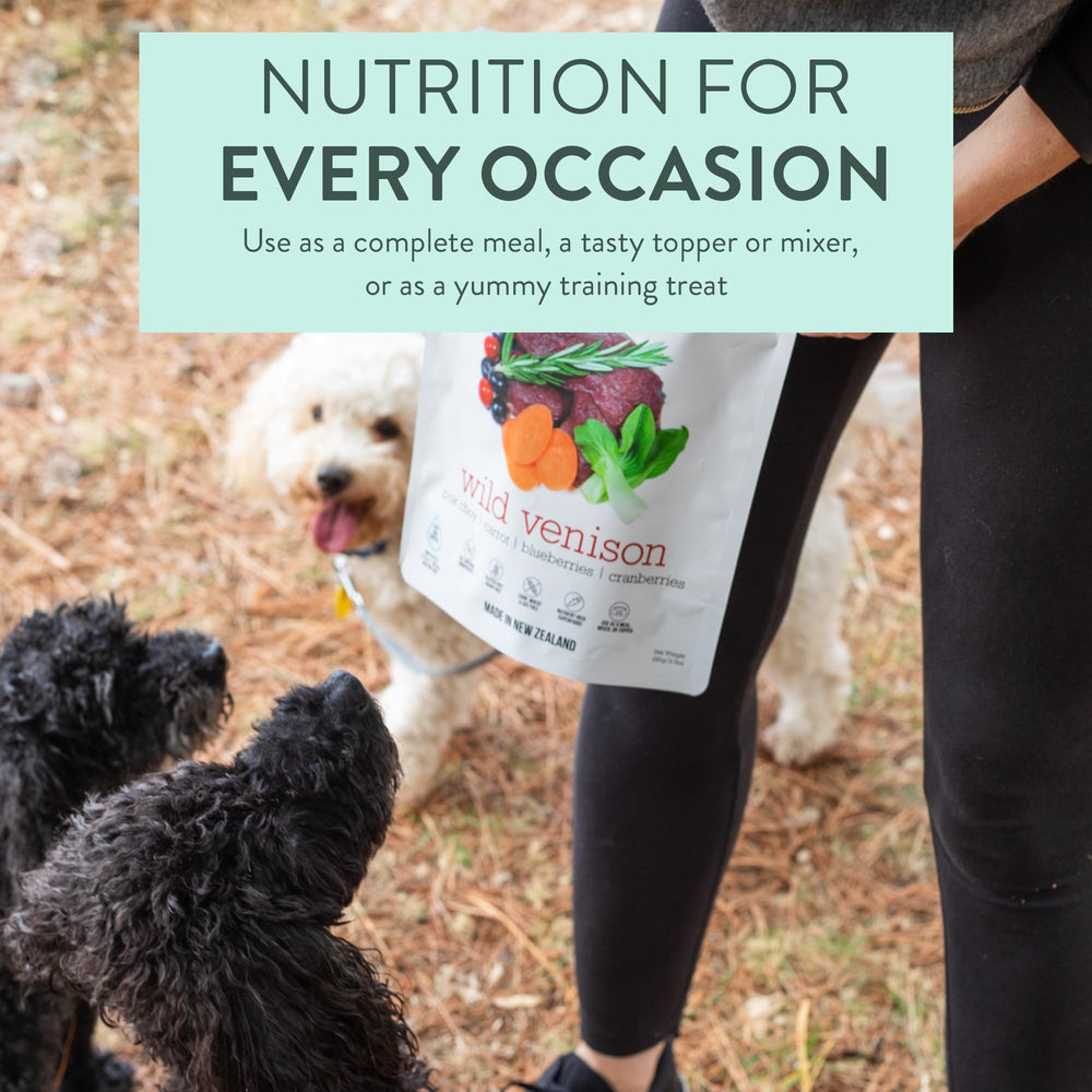 The New Zealand Natural Pet Food Co Woof venison ingredients-green mussel highlight for joint-friendly nutrition.