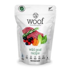 WOOF wild goat freeze dried bag open, convenient meal topper.