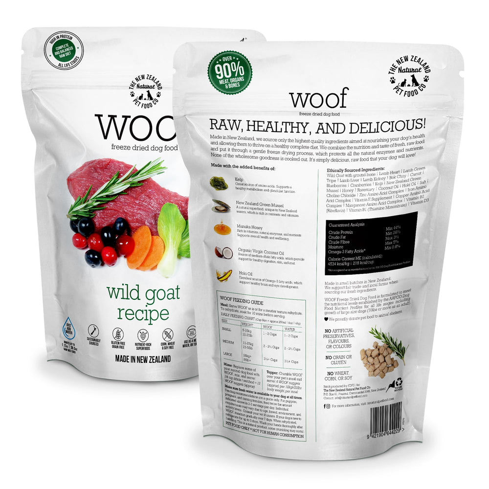 WOOF wild goat freeze-dried chunks closeup for training rewards.