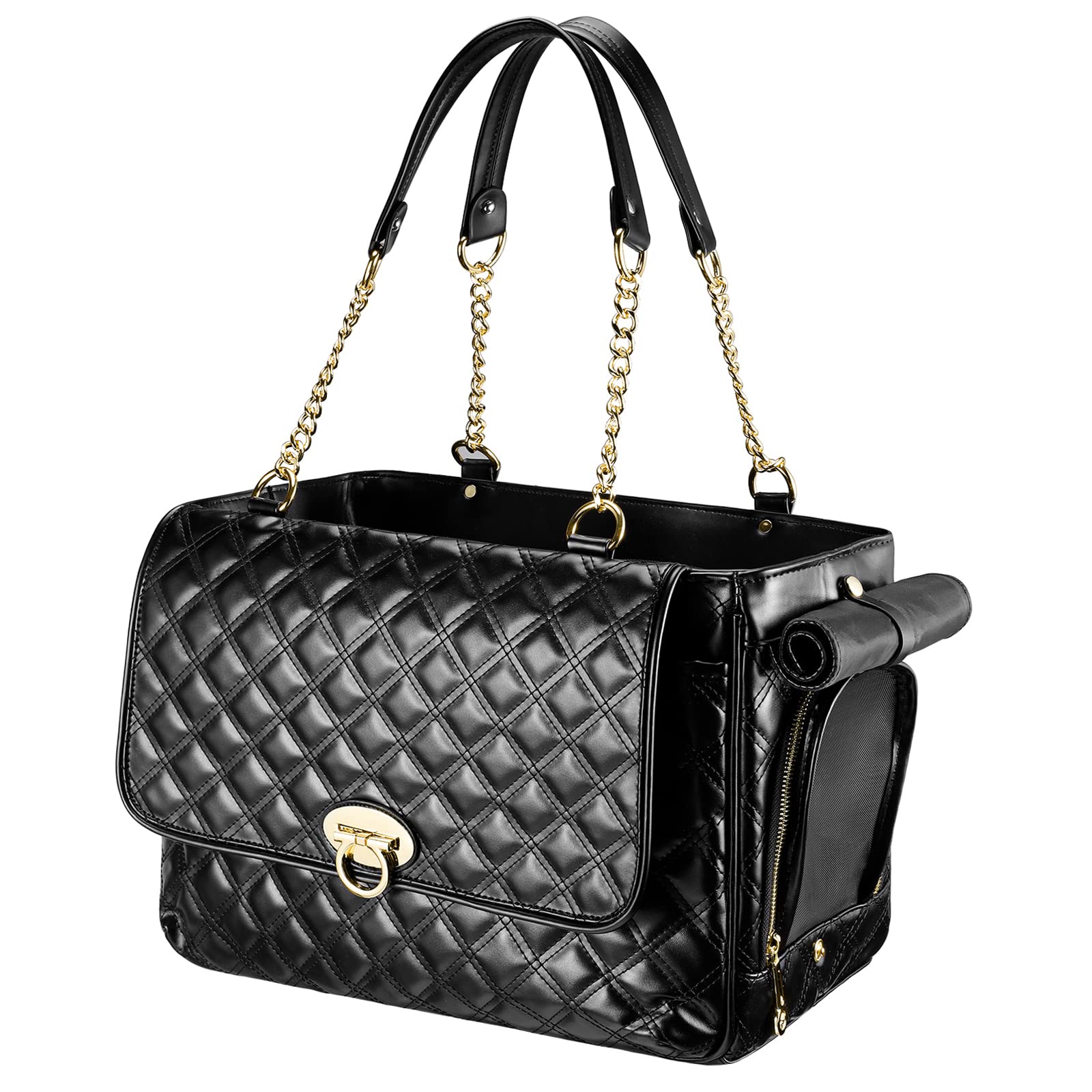 NewEle fashion dog purse front view in black, stylish small-pet carrier for travel