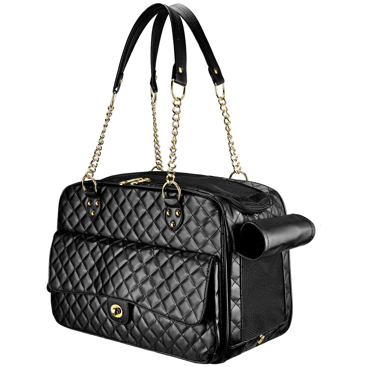 NewEle dog purse small black front view showcases sleek PU leather for stylish travel.
