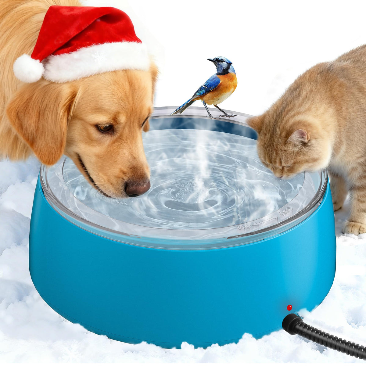 Newget 3L heated water bowl shows 101oz capacity for outdoor hydration