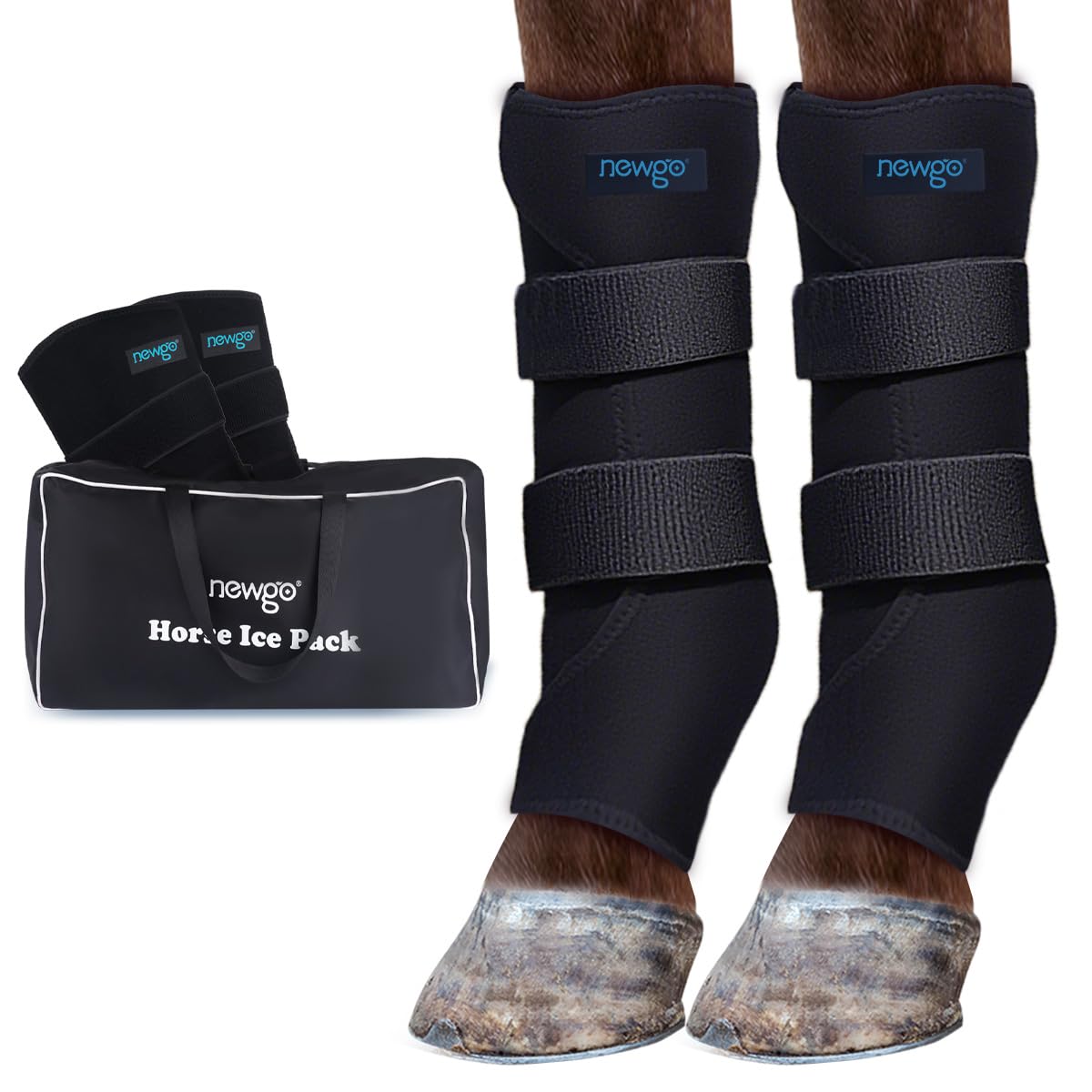 NEWGO horse ice pack wrap shows 3D contour for precise leg cooling.