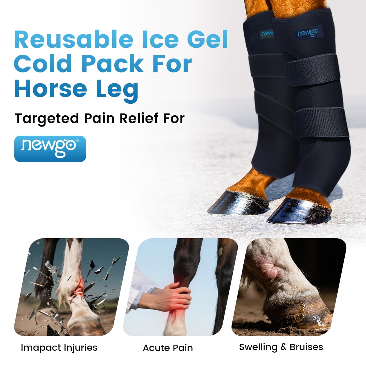 NEWGO leg wrap full coverage demonstrates complete cooling for the horse's leg.