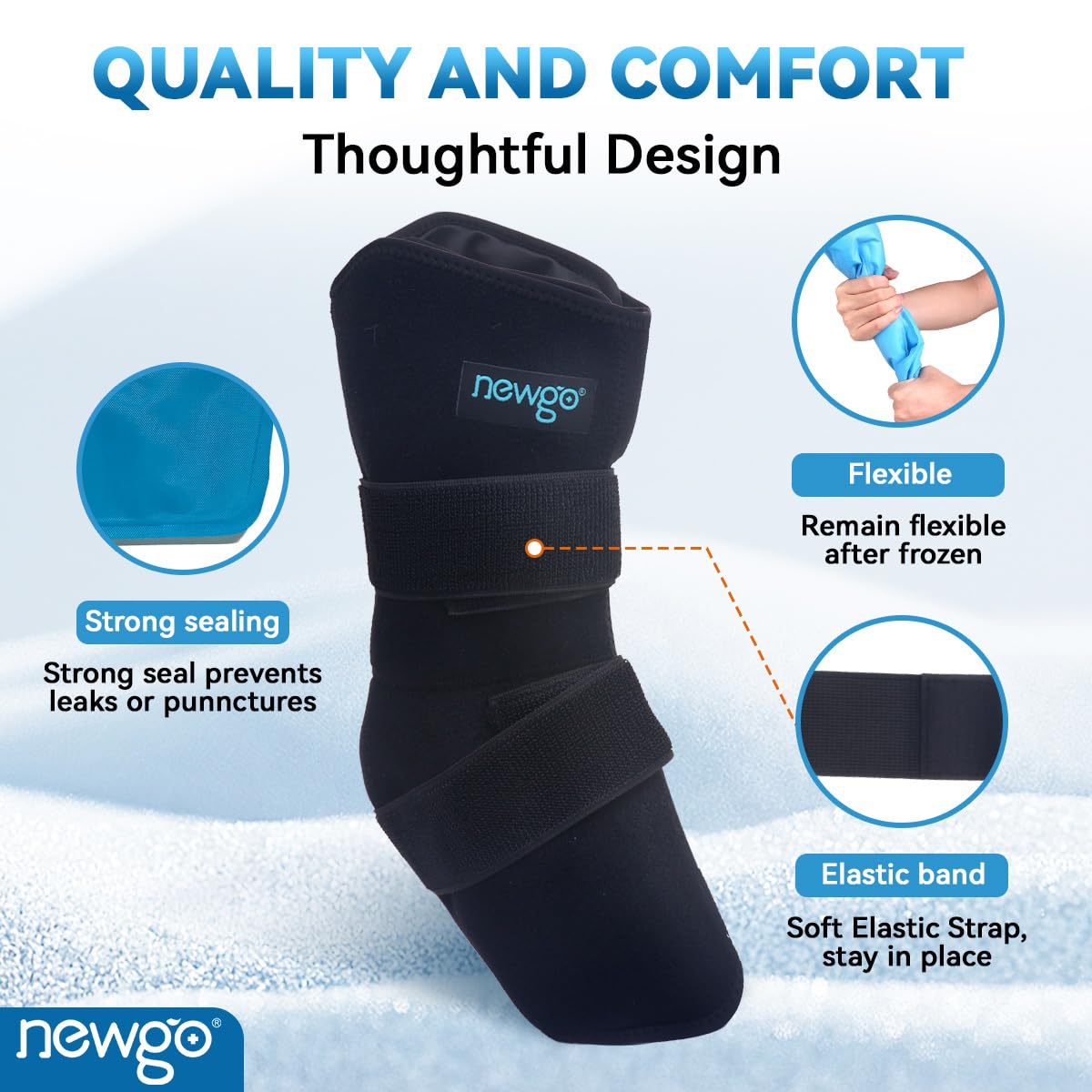 NEWGO soft neoprene cover protects skin while maintaining flexible cooling.