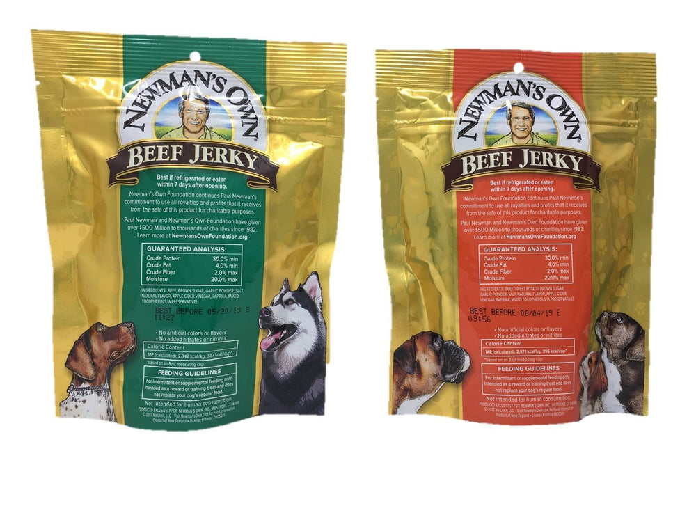 Newman's Own Beef Jerky Treats Beef & Sweet Potato bag, grain-free protein snack.