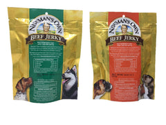 Newman's Own Beef Jerky Treats Beef & Sweet Potato bag, grain-free protein snack.