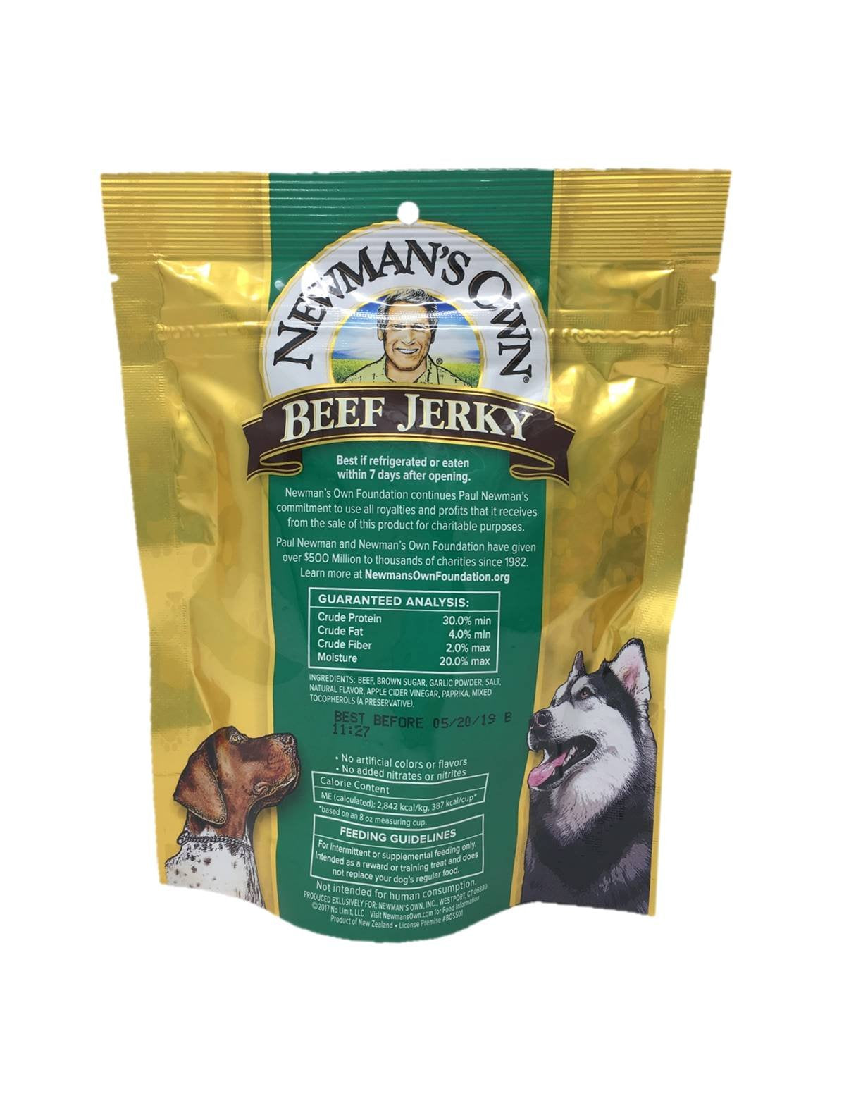 Newman's Own Beef Jerky Treats grain-free ingredients highlight healthy snack options.