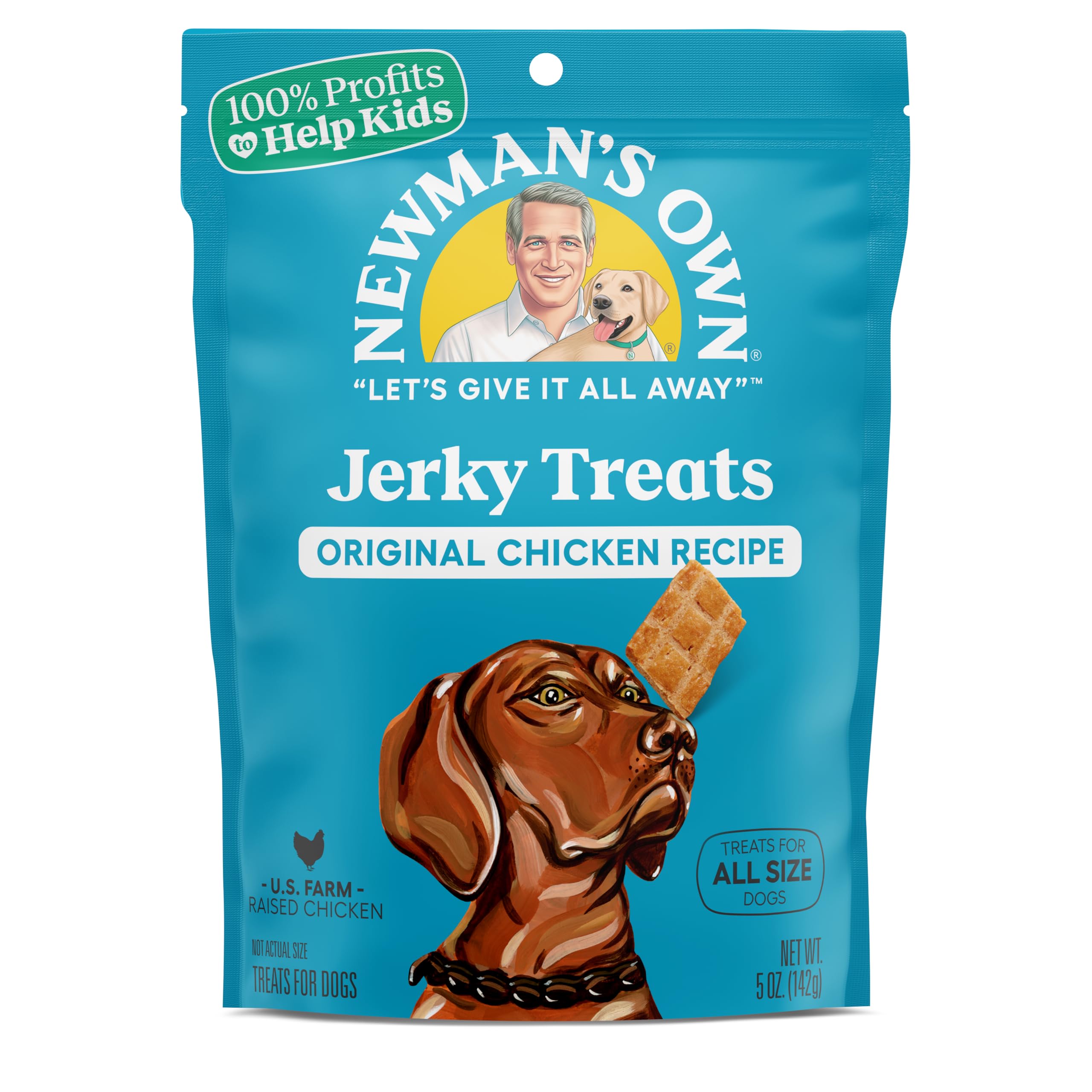 Newman's Own chicken jerky treats bag front—protein-rich dog snack for training rewards.