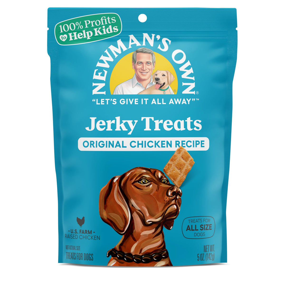 Newman's Own chicken jerky treats bag front—protein-rich dog snack for training rewards.